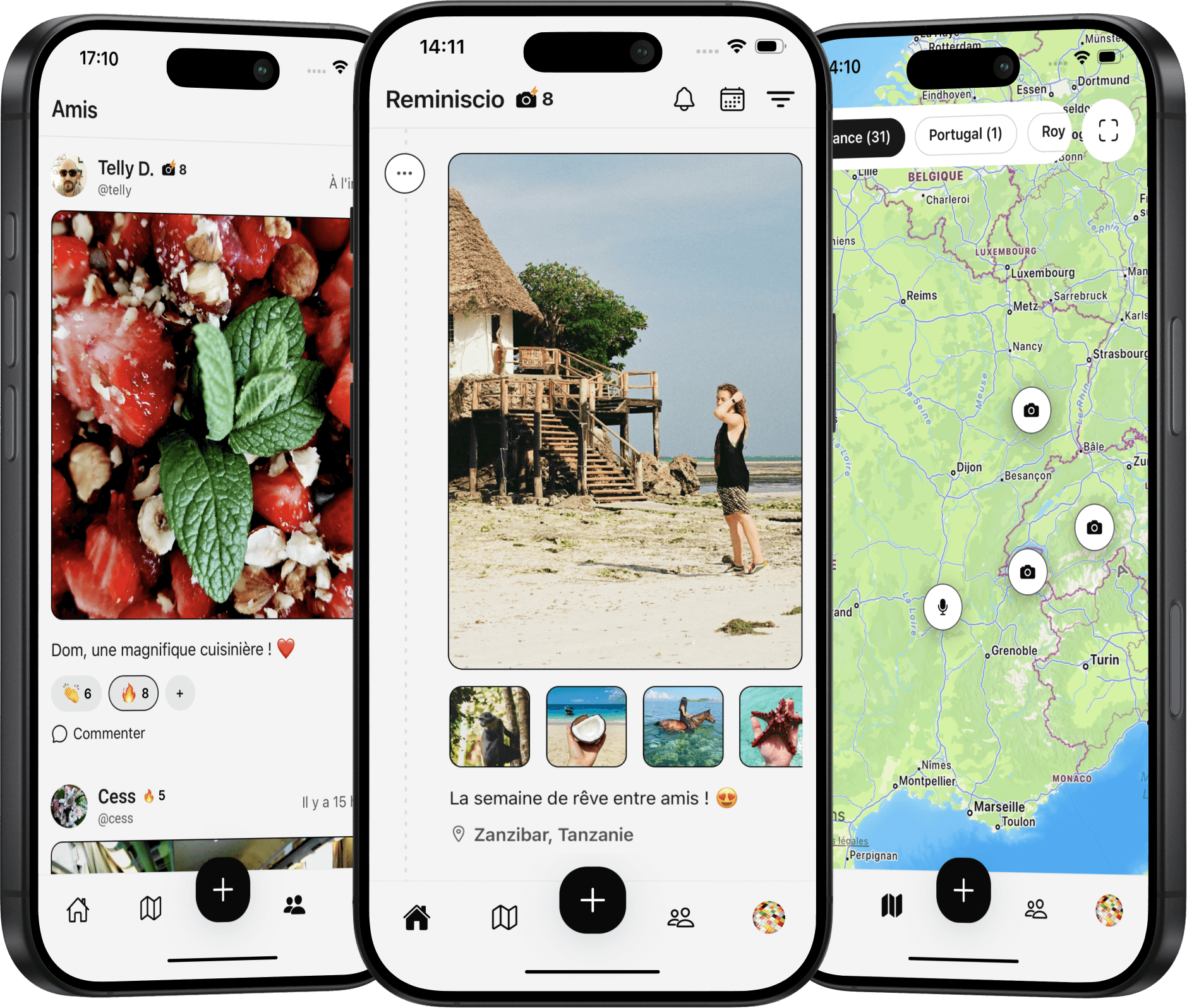 Aperçu de l'application Reminiscio sur trois écrans mobiles