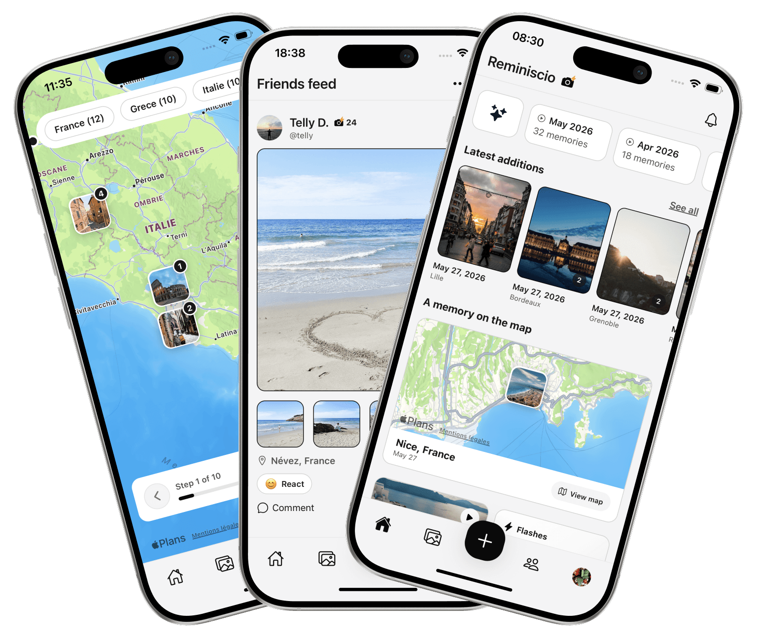 Preview of the Reminiscio app across three mobile screens