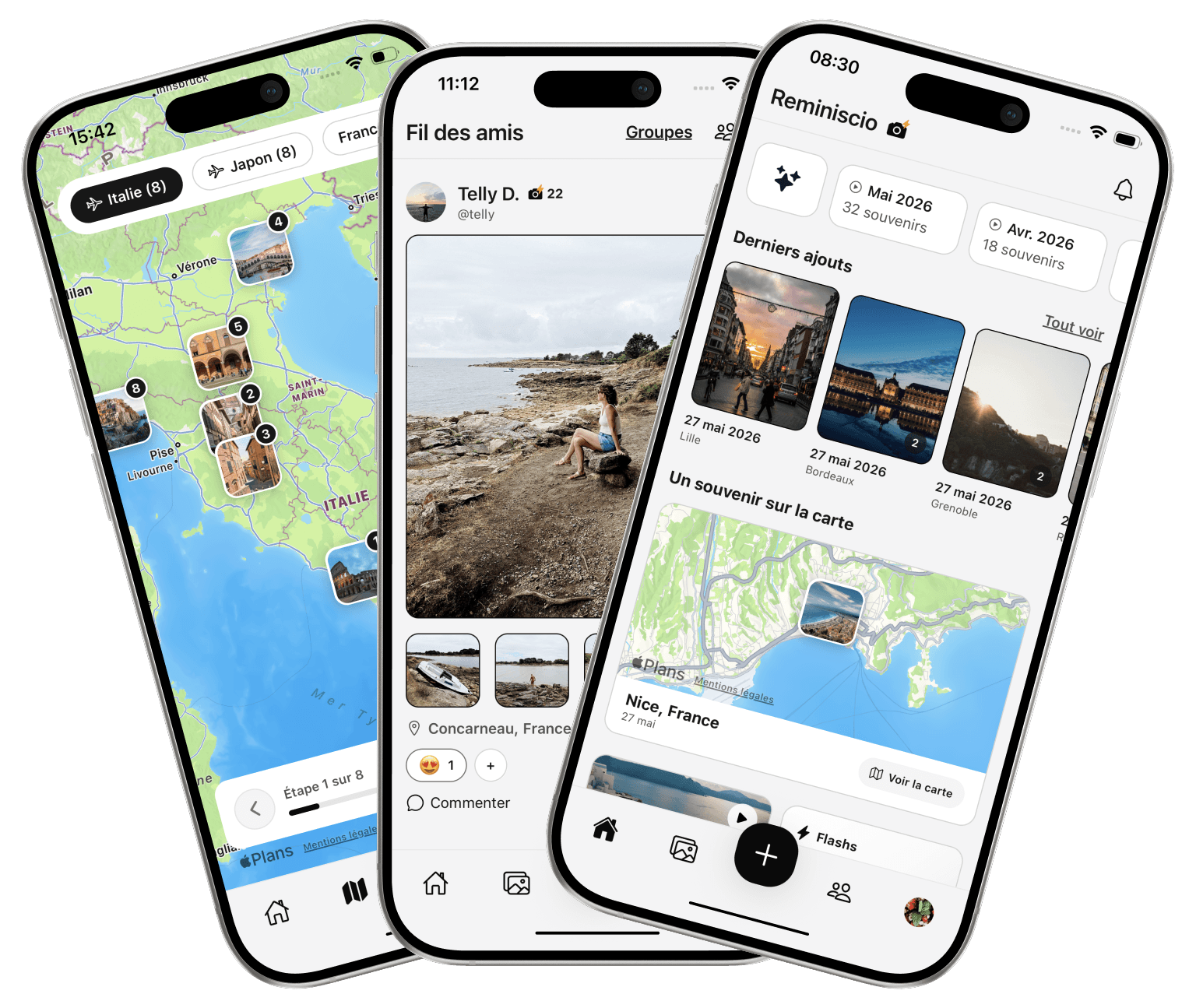 Aperçu de l'application Reminiscio sur trois écrans mobiles