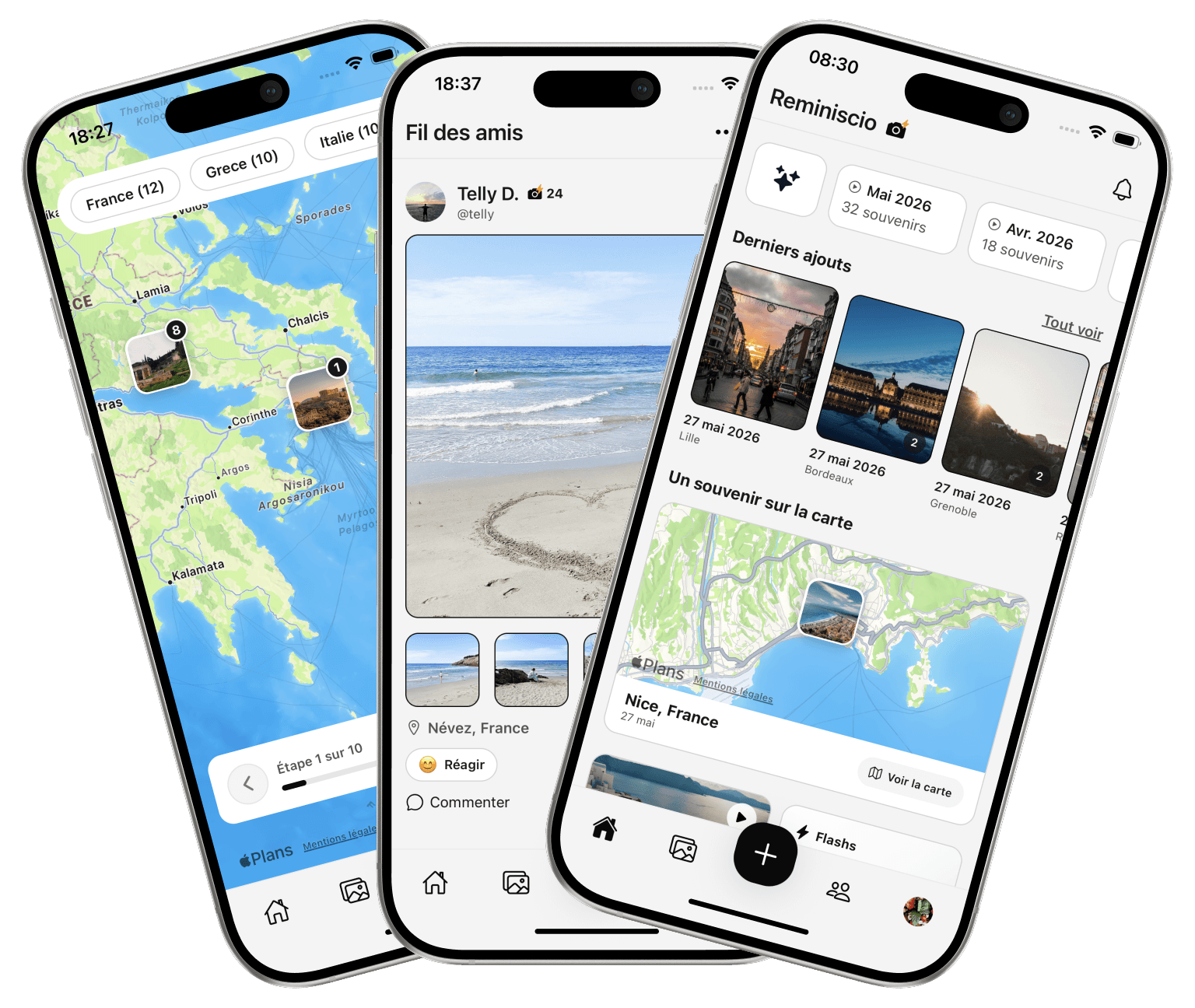 Aperçu de l'application Reminiscio sur trois écrans mobiles