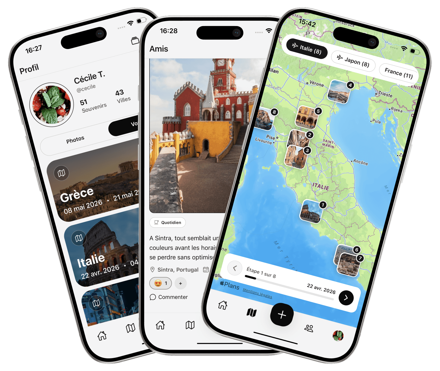 Preview of the Reminiscio app across three mobile screens